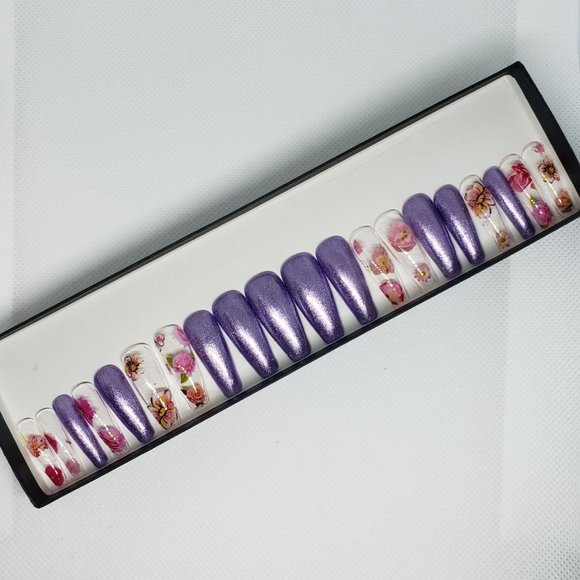 Long Ballerina Purple and Floral Design w/20 Nails - Picture 1 of 5